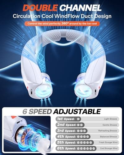 Laimiod Portable Neck Fan - with LED Book Light, 6-20 Hrs Long Battery, 6-Speed Adjustable, USB-C Rechargeable, Ultra Quiet, Hands-Free Personal Cooling for Men Women Outdoor Indoor - Thumbnail 4