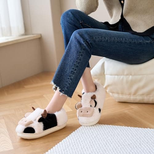 Jerzmy Fuzzy Cow Slippers for Women Men, Cute Cotton Animals House Slippers Fluffy Plush Shoes for Girls Indoor Living Room Bedroom Garden, Size 10-11 - Thumbnail 2