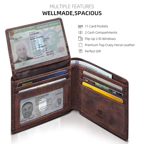 GSOIAX Top Genuine Grain Leather Premium Crazy Horse Wallet for Men-Handcrafted Vintage RFID Blocking Bifold 11 Card Slots 2 ID Windows & 2 Cash Pockets wallet Gift for Him(Red-brown) - Thumbnail 3