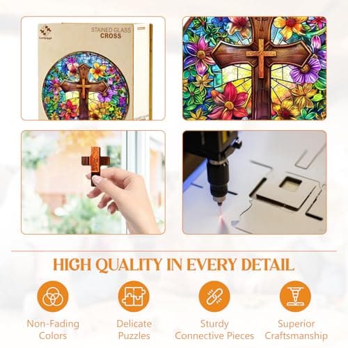 Wooden Puzzles for Adults, Stained Glass Cross Wood Puzzles Adult, Unique Animal Shaped Wooden Jigsaw Puzzle, Birthday Gifts for Friends/Family/Puzzle Lovers, Home Decor(S-8.5 * 8.5in 100pcs) - Thumbnail 5