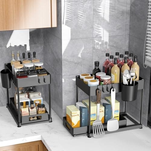 2 Pack Under Sink Organizer with Pull-Out Drawer, 2-Tier Cabinet Storage for Kitchen & Bathroom, Tool-Free Assembly, Fits Cleaning Supplies & Toiletries, Space Saving for Small Cabinets, Black - Thumbnail 6
