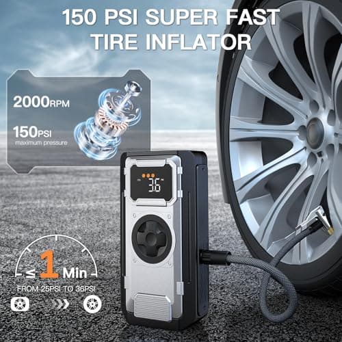 Car Battery Jump Starter with Air Compressor, 5000A Portable Jump Box for 10L Gas/8L Diesel Engines, 150PSI Auto-Shutoff Tire Inflator, 800LM LED Light & Jumper Cables, Idea Gift for Man - Thumbnail 3