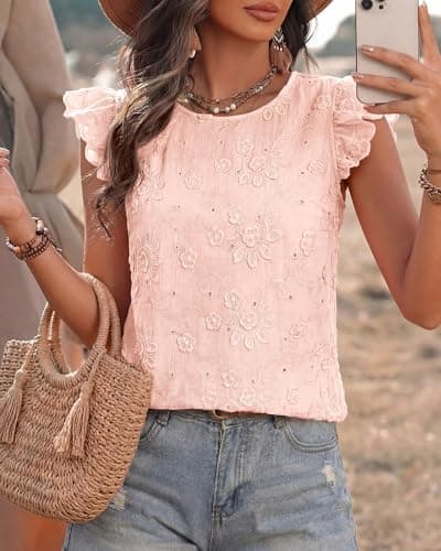 KIRUNDO Blouses for Women Dressy Casual Lace Ruffle Cap Sleeve Tops 2026 Summer Eyelet Floral Embroidered Cute Boho Shirts(Pink, Large) - Thumbnail 3