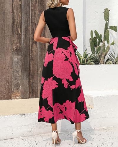 BTFBM Summer Dresses for Women 2026 Casual Spring Floral Sleeveless Ruffle Boho Cocktail Wedding Guest Party Midi Dress(Big Floral Rose Red, X-Large) - Thumbnail 5