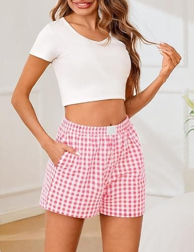 Marvmys Cotton Boxers for Women Lightweight Shorts Baggy Boxer Shorts Elastic Waist Plaid Pj Bottoms Pink M - Thumbnail 6