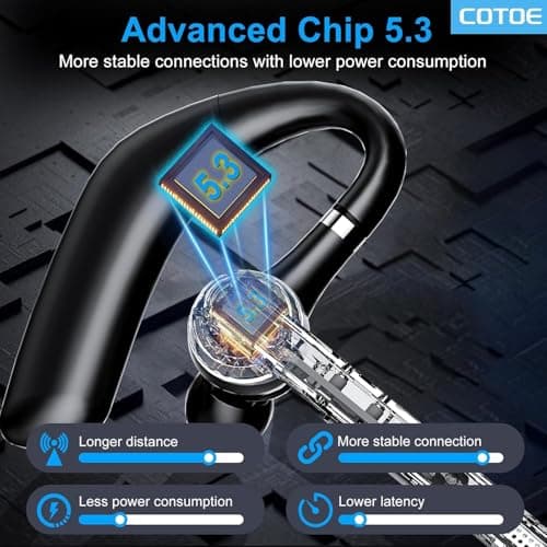 COTOE Bluetooth Headset V5.3, Wireless Earpiece with 500mAh Charging Case 72 Hrs Talking Time Hand-Free Headphones with Noise Canceling Mic for Office/Driving/Business/Trucker,Black - Thumbnail 6