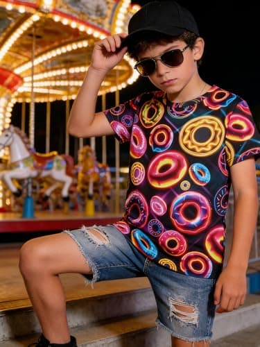 Funnycokid Boys Shirts Size 8-9 Kids T-Shirts Girls Neon Donuts Retro-Futuristic Digital Print Clothes Tops Tees Graphic Cool 8-9 Years Youth - Thumbnail 2