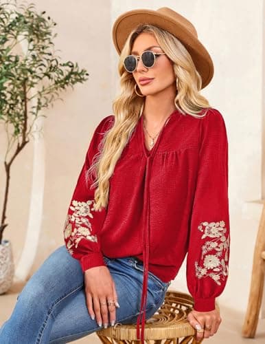 LOOKBOHO Peplum Blouses for Women Puff Long Sleeve Embroidered Boho Tops Tie Front V Neck Mexican Shirt Dressy Casual XL - Thumbnail 4