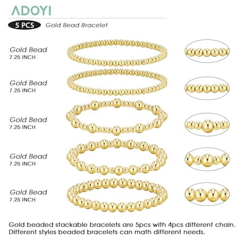 adoyi Gold Bracelets for Women, 14K Gold Plated Beaded Stretch Bracelet Strand Bead Ball Bracelets stack Set Trendy Adjustable Non Tarnish Jewelry Sets for Womens Gifts - Thumbnail 5