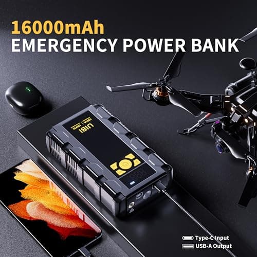 UIBI X5 Car Jump Starter 2000A with Built-in 150PSI Tire Inflator,16000mAh Power Bank & SOS Light for 8.0L Gas/6.0L Diesel Car Truck RV Road Trip Emergency - Thumbnail 6