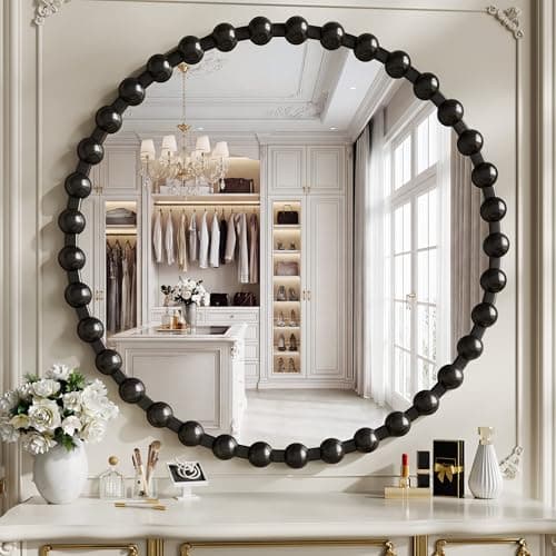 WISSMIELS Round Vanity Mirror with Beaded Frame, 36 Inch Circle Wall Mirror for Bedroom Dresser, Entryway, Bathroom, Living Room, Decorative Hanging Wall Mirror, Black - Image 1