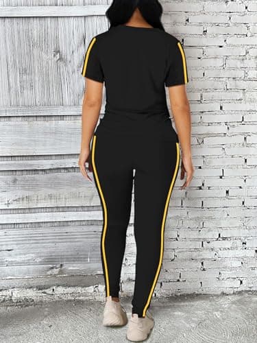BNGPIKLY Women 2 Piece Outfits Blank Summer Tracksuit Set Short Sleeve Top Travel Long Pant Jogger Lounge Set BlackYellow S - Thumbnail 4