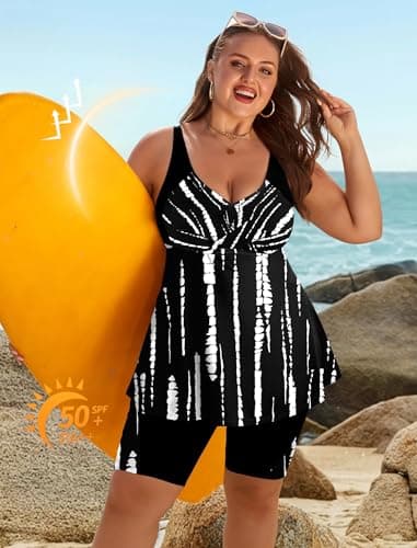Arolina Plus Size Swimsuit for Women Modest Two Piece Bathing Suit with Shorts Push Up Swim Top Black Stripes (18W) - Thumbnail 4