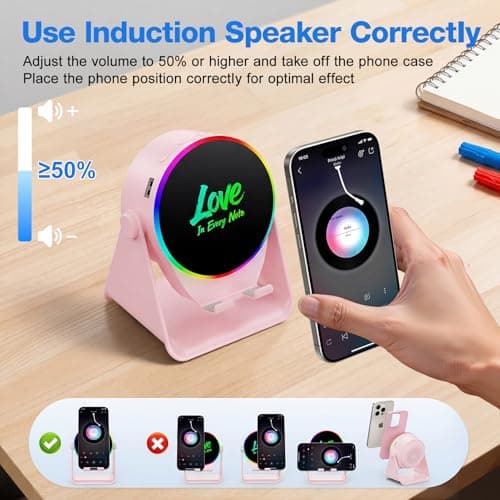 TARKARI Wireless Induction Speaker, 5 in 1 Bluetooth Speaker, 360 Rotation Cell Phone Stand and Colorful Ambient Light, Compatible with iPhone iPad Android Tablet, Gifts for Women - Thumbnail 3