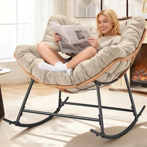 TEROL Outdoor Comfy Rocking Chair with Thick Cushion, Rattan Rocker Egg Chair Indoor with Straps, Patio Rocking Chair 450lbs for Garden, Backyard, Balcony, Lawn, Bedroom, Living Room (Beige) - Image 1