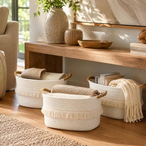 BUBUSUN Woven Baskets, 3-Pack Storage Basket for Living Room, Bedroom, Nursery, Stylish Gift Basket with Handles, Cotton Rope Basket for Toys and Shelves, Multi-Purpose Organizer, White - Thumbnail 3