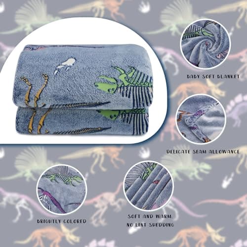 Gdindff Glow in The Dark Dinosaur Blanket for Boys, Dinosaur Toys for 3 4 5 6 7 Year Old Boys, Easter Basket Stuffers for Kids Toddlers, Cute Dino Gifts Room Decor, Soft Fleece Throw Blanket 50"x60" - Thumbnail 5
