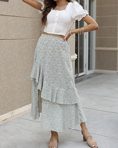 BTFBM Women 2026 Spring Summer Long Skirts Dress Boho Floral Elastic Waist Split Ruffle High Low Beach Maxi Skirt Clothes(Z-White, Large) - Thumbnail 5