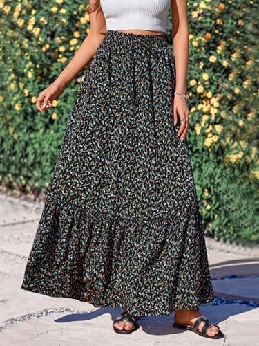 BTFBM Womens Boho Maxi Skirt 2026 Summer Floral High Waisted Flowy Tiered Long Spring Beach Vacation Skirts Pockets(Floral Black Red, X-Large) - Thumbnail 2