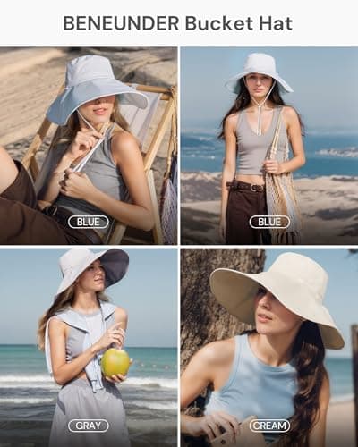 BENEUNDER Reversible Wide Brim Sun Bucket Hats UPF50+ UV Protection Foldable for Women Outdoor Beach Vacation Travel Gray - Thumbnail 5