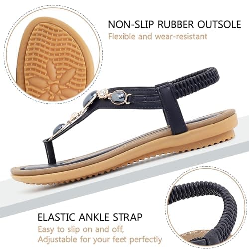 Goldnut Flat Sandals for Women Bohemian, Summer Comfortable Slingback Arch Support Thong Flats Dressy with Rhinestone Decor Navy Blue Size 6.5 - Thumbnail 5
