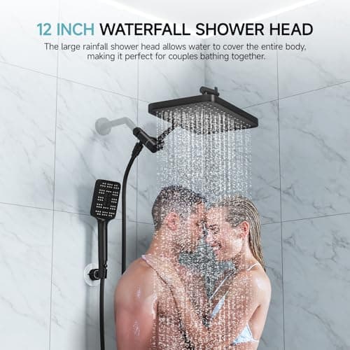 Rain Shower Head with Handheld Spray Combo Set, Adjustable 12" Rainfall Dual Shower Head, Double&Tandem Shower Head, Waterfall Showerhead Bathroom -Matte Black - Thumbnail 2