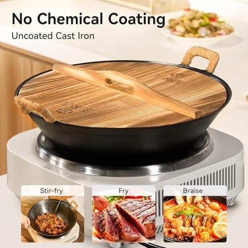 WANGYUANJI 13.4 Inch Cast Iron Wok with Wooden Lid and Iron Spatula, Flat Bottom Double-Handle Chinese Stir Fry Pan, Uncoated Cast Iron Wok for Induction, Gas and Electric Stoves - Thumbnail 4