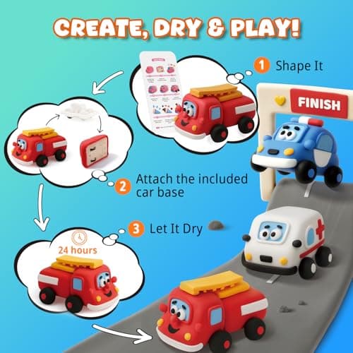 Air Dry Clay Kit for Kids - Pull Back Car Making, 3 Boxes Modeling Clay with Sculpting Tools, Base, Backing Board, Tutorial, Ultra Light & Soft, Non-Toxic & Safe, Creative DIY Arts and Crafts Toys - Thumbnail 2
