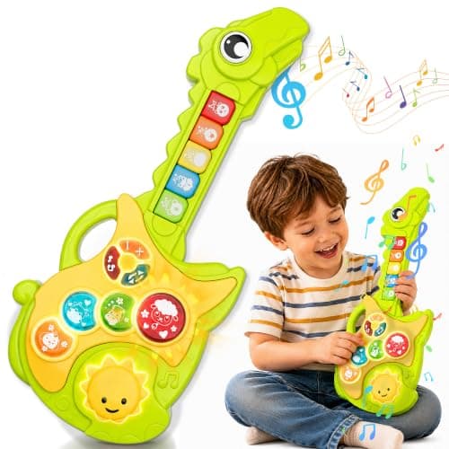 Toys for 1-3Year Old Boy Gift,2-in-1 Electric Guitars,12-18 Month with Spanish Animal Sound and Light Dinosaur Musical Guitar Piano Toys,Learning Educational Gift for Toddlers - Image 1