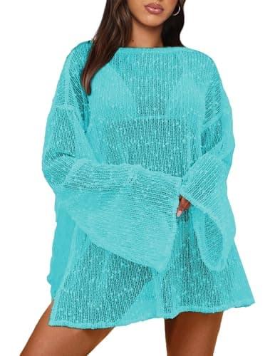 Gleeneat Crochet Beach Cover Up for Women Boat Neck Swimsuit Bathing Suit Beach Bikini Coverup 2026 Cute Trendy Vacation Dress Caftan Resort Cruise Wear Summer Outfits Light Blue - Image 1
