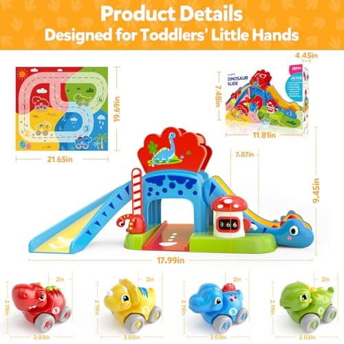 Toddler Toys for 1 2 Year Old Boy Gifts - Educational Dinosaur Slide Set with 4 Color/Number Push Cars and Playmat, Montessori Learning Toy for Baby 12-18 Months, 1st Birthday Present Ages 1-2, Red - Thumbnail 6
