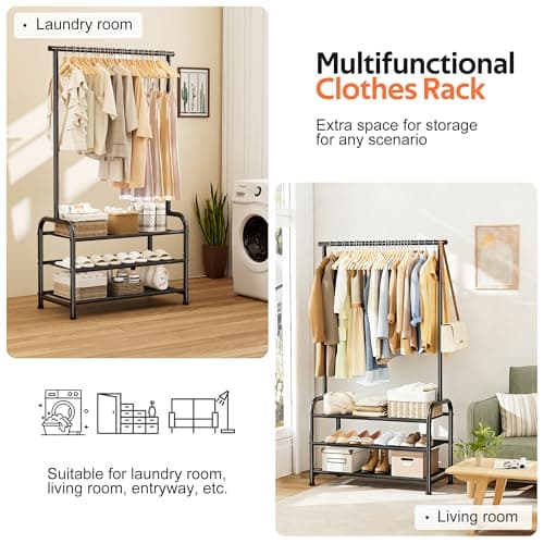 MISSLO Sturdy Clothing Racks for Hanging Clothes with 3 Shelves Garment Rack Heavy Duty Clothes Rack with Shoe Storage for Coats, Garment, Dress, Black - Thumbnail 6