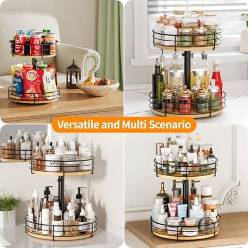 2 Tier Lazy Susan Turntable Organizer Adjustable - 12 Inch Snack Organizer Wood Rotating Spice Rack for Kitchen Countertop Pantry Cupboard Bathroom Coffee Bar Home Storage, Black - Thumbnail 5
