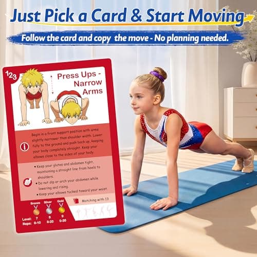 Gymnastics Card Games Equipment for Kids: 70+ Fun Basic Skills Cards for Boys Girls Beginners Gymnastics Birthday Gifts for 4 5 6 7 8 9 10+ Year Old Family Fitness Cards Workout for Indoor Outdoor Use - Thumbnail 3