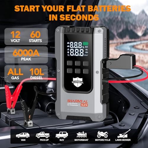 6000A Jump Starter with Air Compressor 160PSI Tire Inflator, 12V Car Battery Fast Charge Portable Jump Starter for All Gas/10L Diesel, Jump Box Pack with 3 Modes Flashlight and Jumper Cables - Thumbnail 2