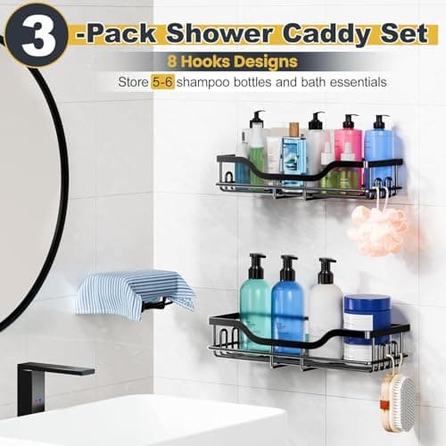 OMAIRA 3-Pack Shower Caddy with Soap Holder, Adhesive Rustproof No-drill Strudy Loading Inside Shower Organizer Shelves Rack Storage Bathroom Organization for Smooth Wall Glass Tile, Black (X-Large) - Thumbnail 3