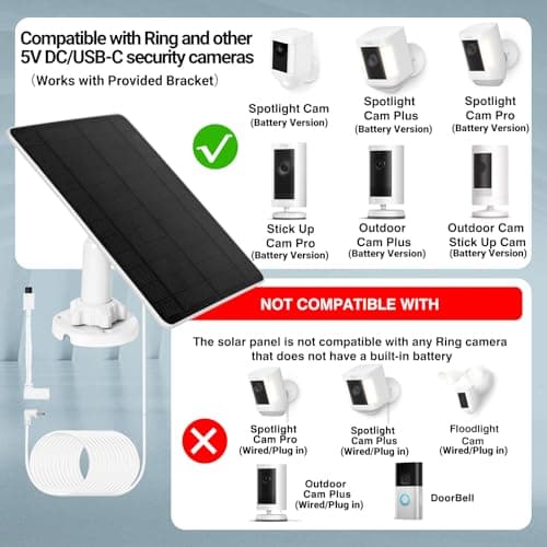 1 Pack 6W Solar Panel for Ring Camera – Battery Maintenance Solar Charger, Compatible with Ring Spotlight Cam/Plus/Pro & Stick Up Cam Battery/Pro, USB-C & DC for Security Cameras - Thumbnail 2