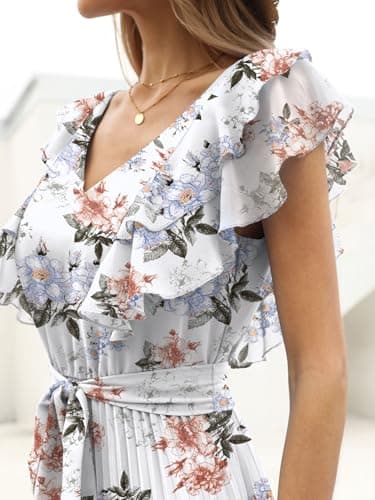 ANRABESS Women V Neck Ruffle Sleeve Floral Pleated Maxi Dresses Summer Boho Belt Empire Waist Wedding Guest Party Flowy Dress Pink Peony White Small - Thumbnail 5
