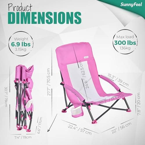 SUNNYFEEL Folding Low Camping Beach Chair 2 Pack, Lightweight Portable Lawn Chair with Mesh Back, Cup Holder for Outdoor/Travel/Picnic/Concert, Foldable Camp Backpack Chair with Carry Bag - Thumbnail 2