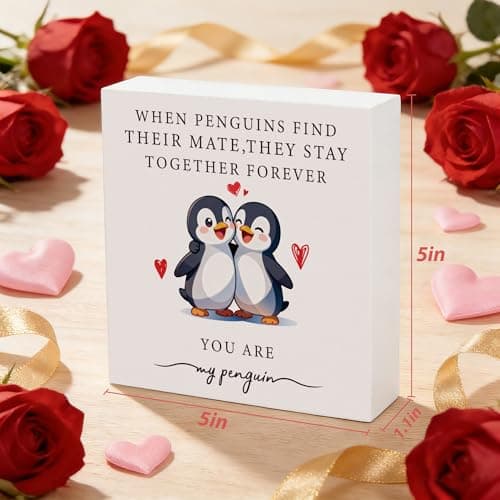 Penguin Love Wooden Box Sign - 5x5 Inch "When Penguins Find Their Mate, They Stay Together Forever" Cute Animal Sign, Valentine's Gifts for Couples, Anniversary, Wedding, Unique Romantic Decor - Thumbnail 3