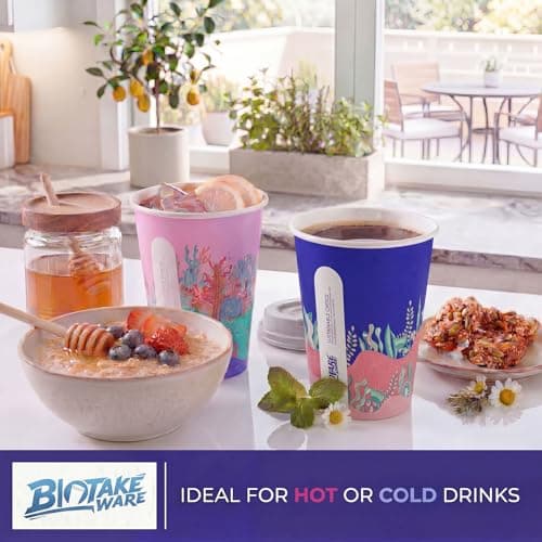 Biotakeware 100 Pcs 12oz Paper Cups for Kids, 4 Unique Ocean Theme Designs, Disposable Bulk Hot & Cold Drinking Coffee Cups for Birthday Parties, Holidays, Picnics, Travel and Special Events - Thumbnail 5