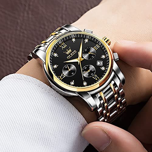 OLEVS Watch Men Black Face Gold and Silver Watches for Men Waterproof Stainless Steel Large Face Mens Watches Business Chronograph Analog Quartz Men's Wrist Watch Dress Two Tone Reloj para Hombre - Thumbnail 3
