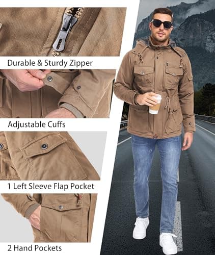Zoofly Thermal Jackets for Men Cotton with Liner Snowboard Coats Warm wither Jackets Mens Windproof Khaki 3XL - Thumbnail 5
