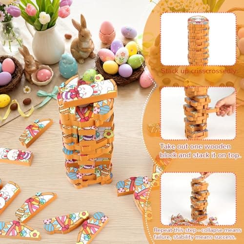 Easter Wooden Blocks Stacking Games, Bunny Egg Basket Theme Tumbling Tower and Balance Game for Adults, Kids, and Family Party, Stacking Board Toy with Storage Bag, Easter Party Activities Gifts - Thumbnail 3