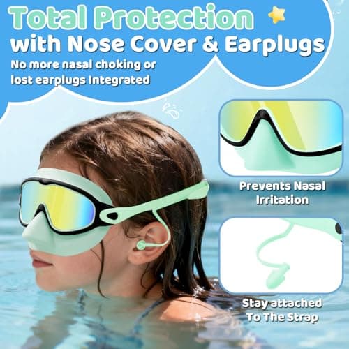 Vvinca Kids Swim Goggles 2 Pack with Nose Cover and Attached Earplugs, Wide View Anti-Fog/UV Swimming Goggles for Age 3-12 Boys Girls, No Leak Pool Water Clear Swimming Goggle for Youth Toddler - Thumbnail 6