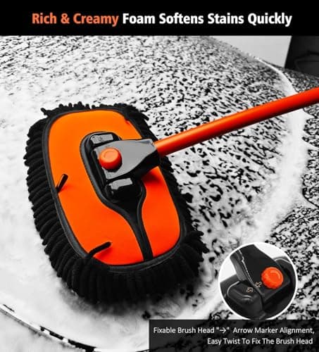 YeewayVeh 55" Car Wash Brush Mop with Long Handle, 15 Degree Curved Extendable Car Wash Brush with Extra Microfiber Mop Head, Soft Car Washing Brushes with Storage Bag for Truck SUV Cleaning, Orange - Thumbnail 4