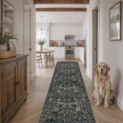 Luxcrest Green 2x8 Runner Rug: Vintage Floral Washable Rugs for Entryway Hallway Bedside Kitchen Indoor - Soft Non-Slip Stain Resistant Low Pile Carpet - Dark Green - Image 1
