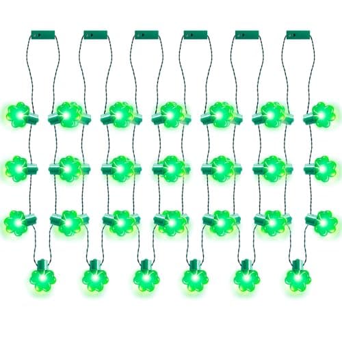 REBANDEN 6PCS St Patrick’s Day Light Up Shamrock Necklace, Glow Clover Necklace Irish Party Accessories and Favors for Adults Teens