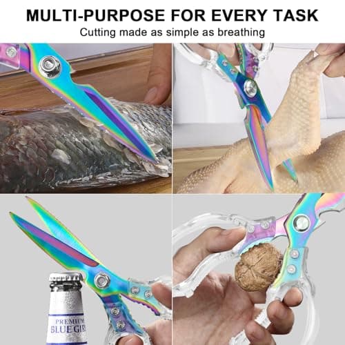 CGBE Kitchen Scissors, Multi-Purpose Kitchen Shears, Heavy Duty Food Scissors for Chicken, Poultry, Fish, Meat & Herbs with Non-Slip Grips (Transparent Colorful) - Thumbnail 5