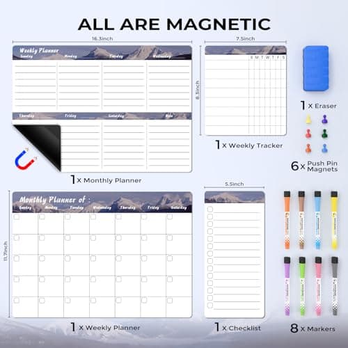 MARSROCK Refrigerator Calendar Magnetic, 16.3x11.7” (4-Pack) – Weekly & Monthly Planner, Chore Chart, Grocery/to-Do List for Fridge, Includes 8 Markers, 6 Magnets & 1 Eraser for Kitchen, Gray - Thumbnail 5
